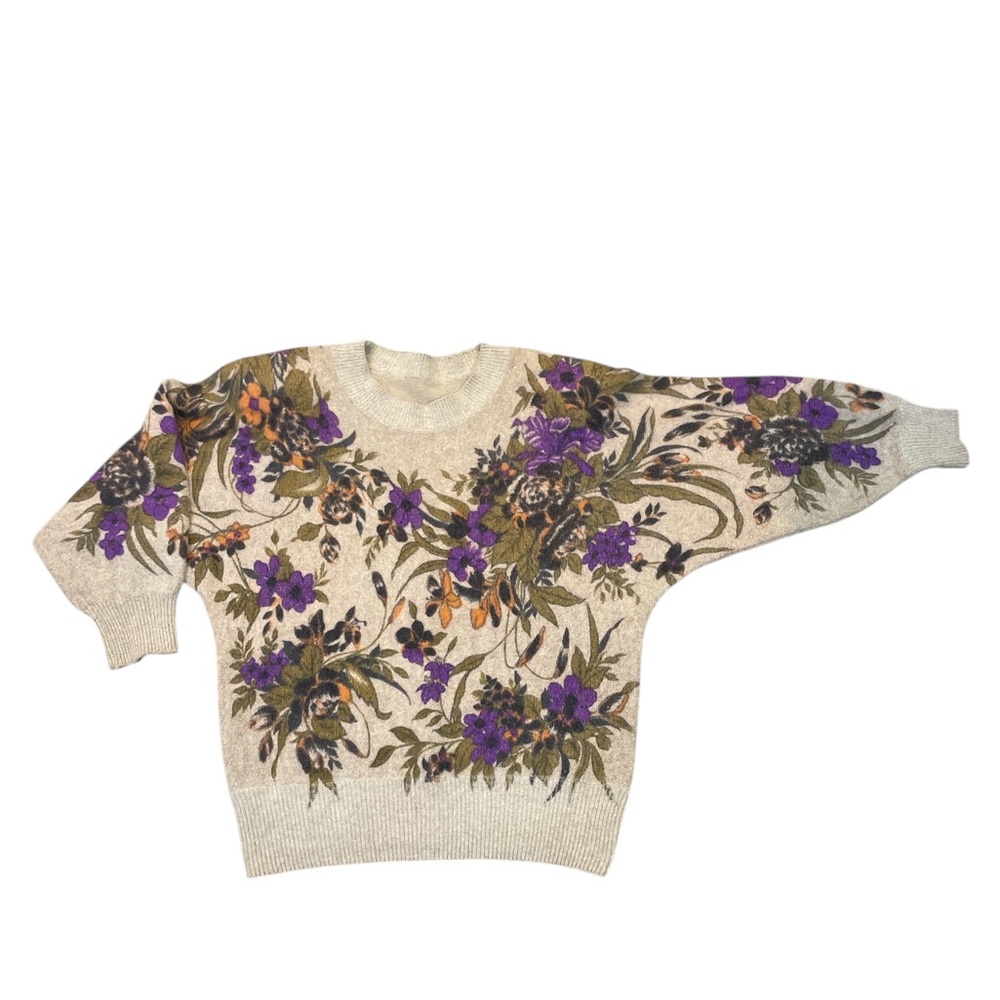 Angora Wool Blend Floral Sweater Purple Orange Green Tan Dolman Sleeve Size L